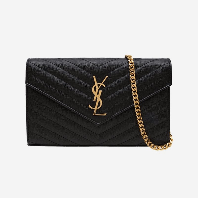 高仿Yves Saint LaurentYSL圣罗兰杨树林女包Monogram信封woc黑色鱼子酱链条包单肩斜挎包 金扣金链中号22.5*14*4 现货